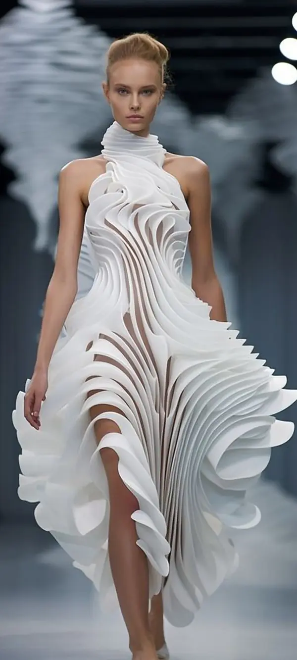 femme avec longue robe blanche futuriste et découpée en lamelles